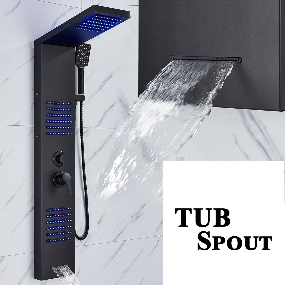 Black LED Shower Panel Tower System Rain&Waterfall Shower Head Massage Sprayer