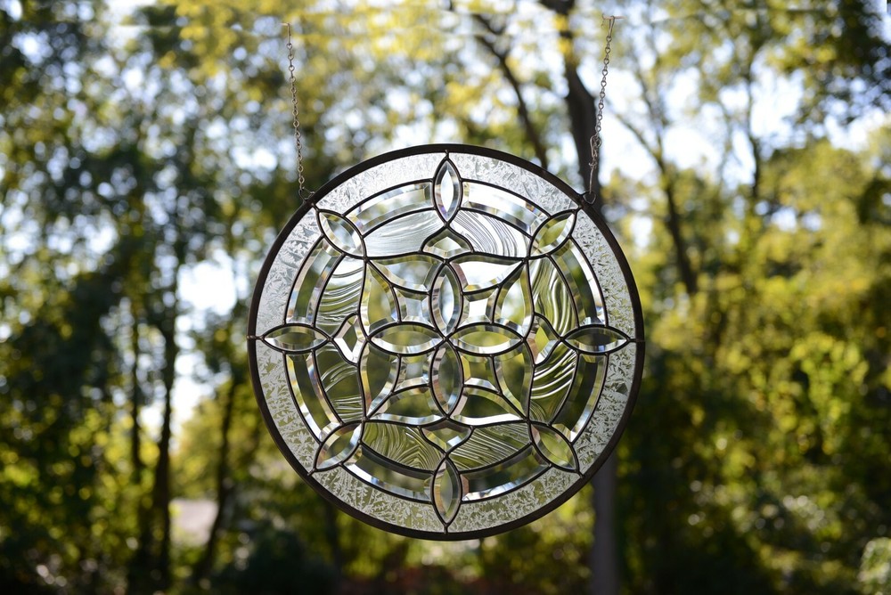 Handcrafted stained glass Clear Round Beveled window panel 21" Dia