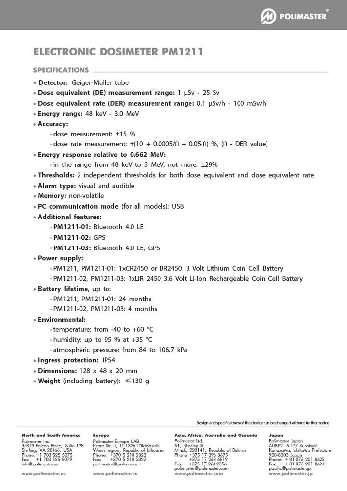 Personal Electronic Dosimeter PM 1211