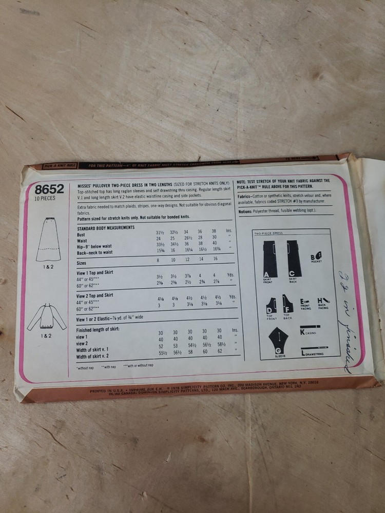 SIMPLICITY SEWING PATTERN #8652 MISSES PULLOVER TWO PIECE DRESS SIZE 12. -CUT-