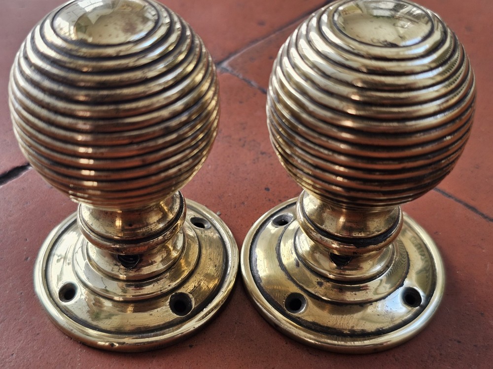 Antique original brass beehive mortice lock door knobs