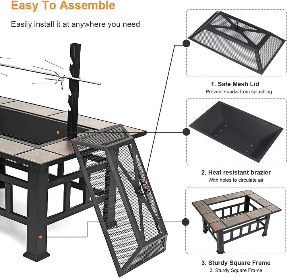 Multi-Purpose 37-Inch Square Fire Pit Table with Grill & Spark Screen Included