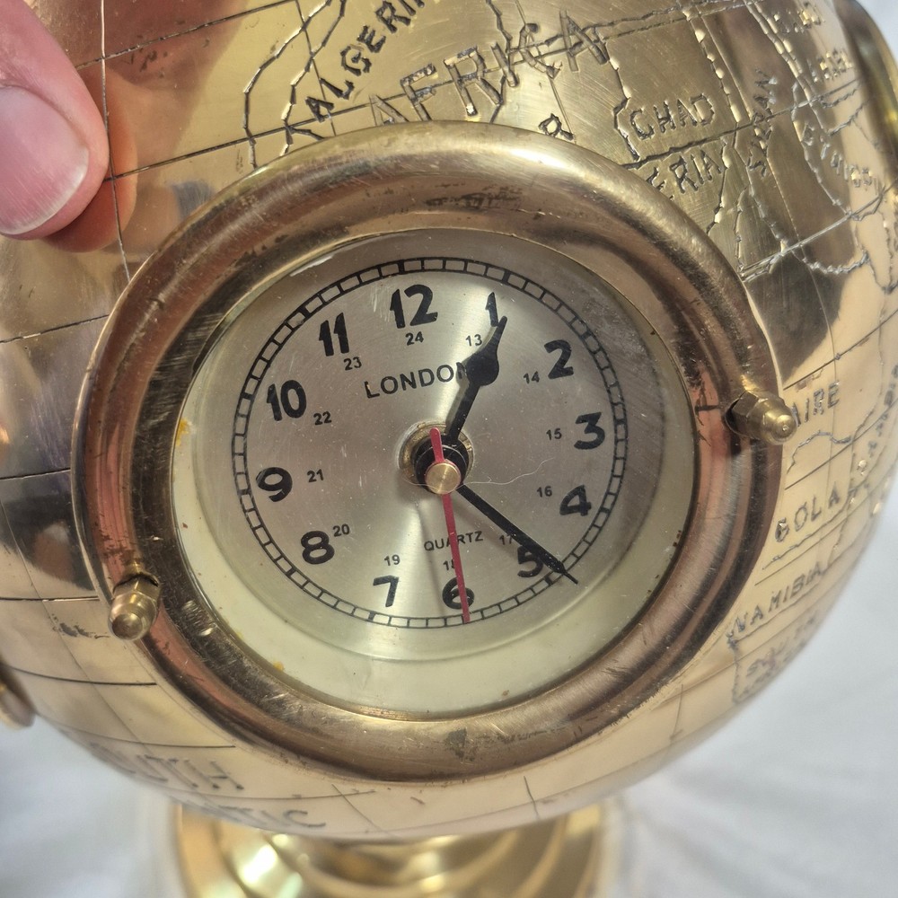 16" BRASS 5 WORLD CLOCKS SPINNING GLOBE