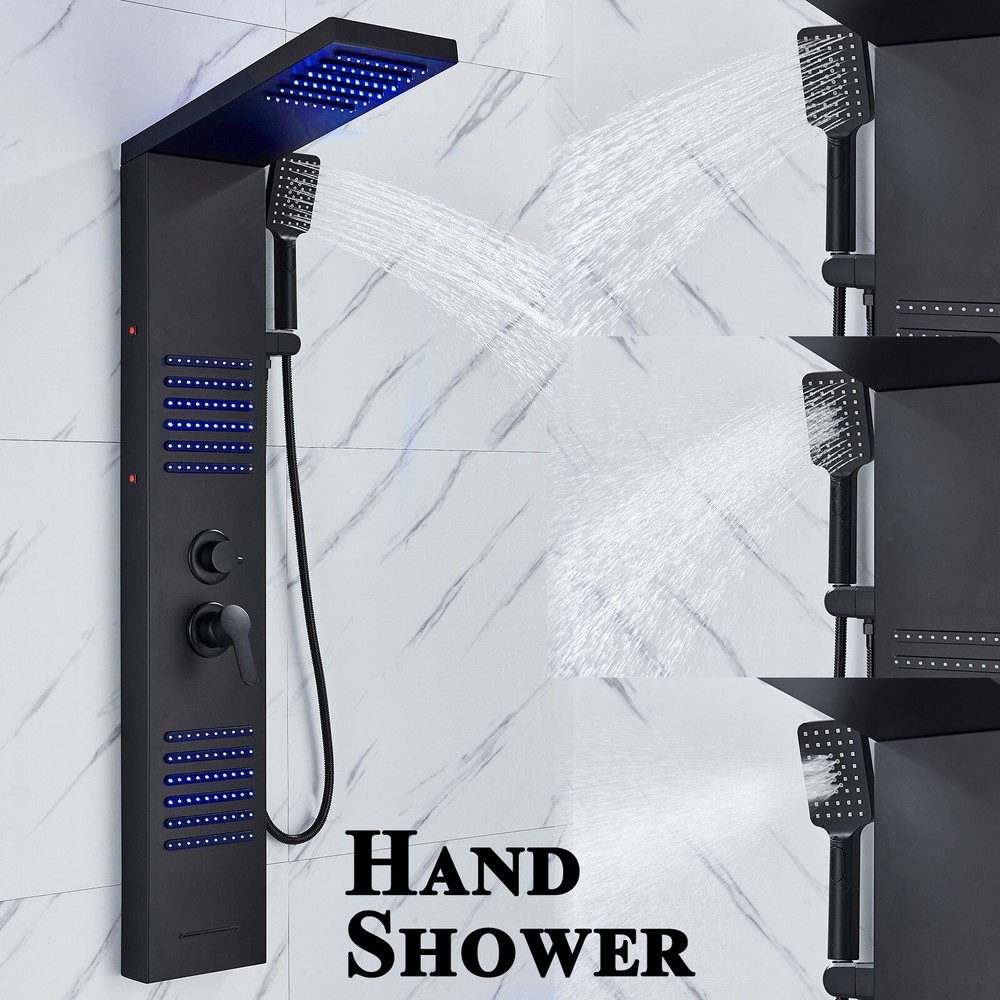 Black LED Shower Panel Tower System Rain&Waterfall Shower Head Massage Sprayer