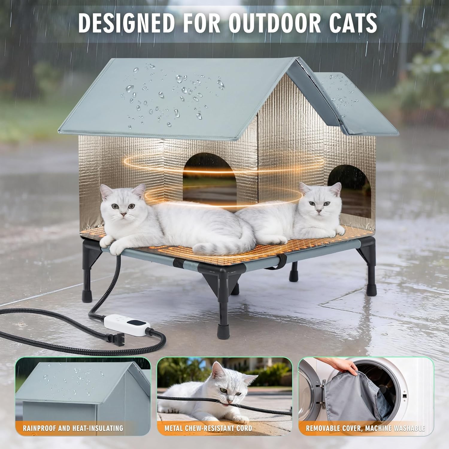 Outdoor Cat House Weatherproof, Heated Cat House for Outside, Insulated Outdoor