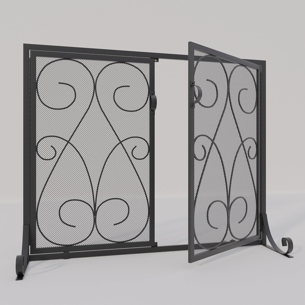 2-Panel Fireplace Screen W/ Doors Handcrafted Wrought Iron Decorative Mesh