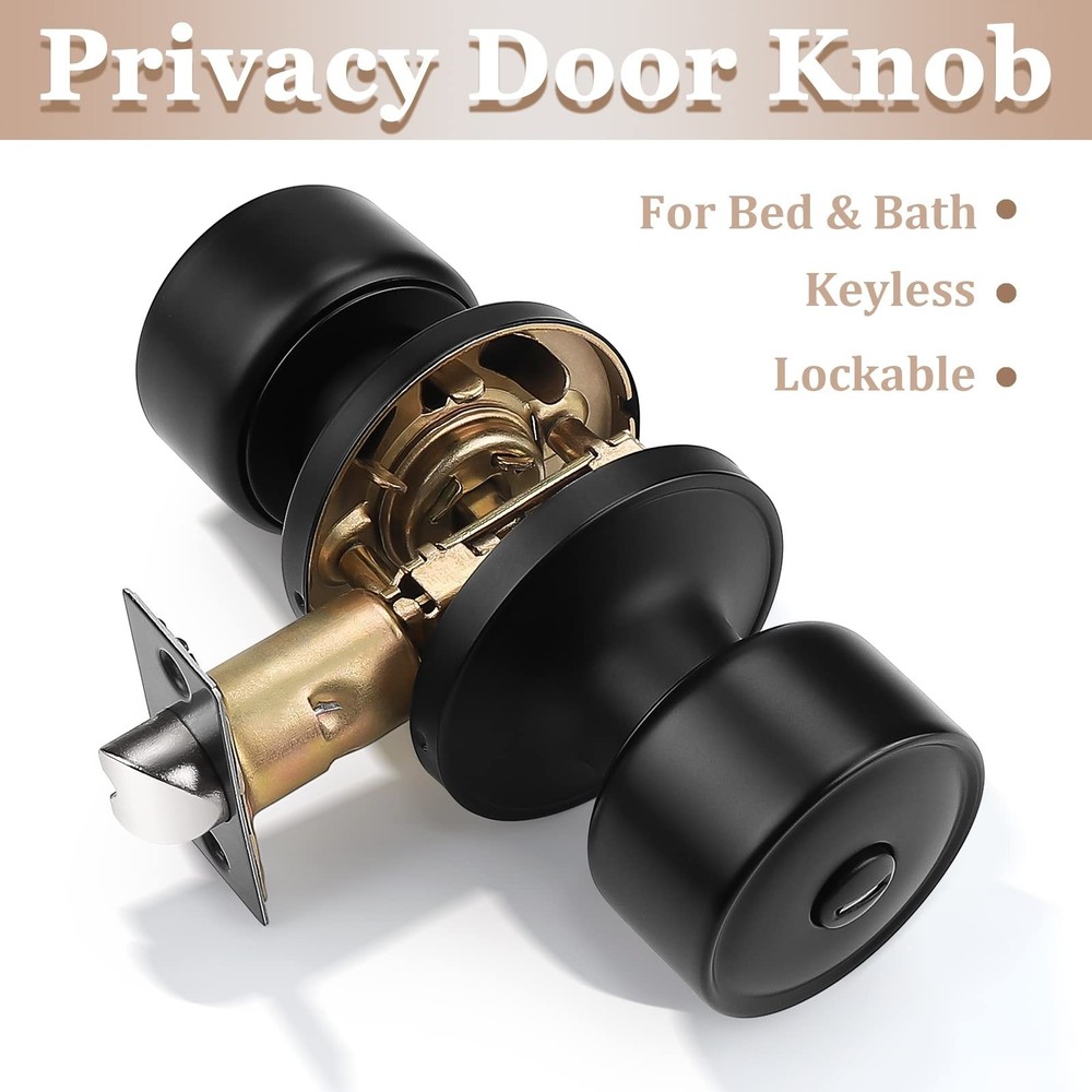 knobelite 3 Pack Door Knobs Privacy Function Keyless Lock Black Interior Roun...