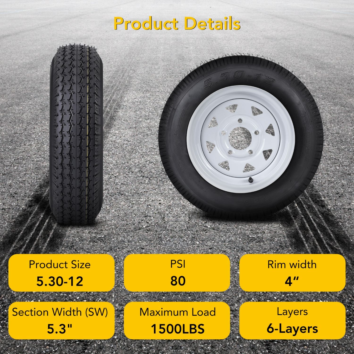 2Set 5.30-12 Trailer Tires with Rims 5.30x12 5.3-12 530-12, 5 Lug on 4.5", 6PR