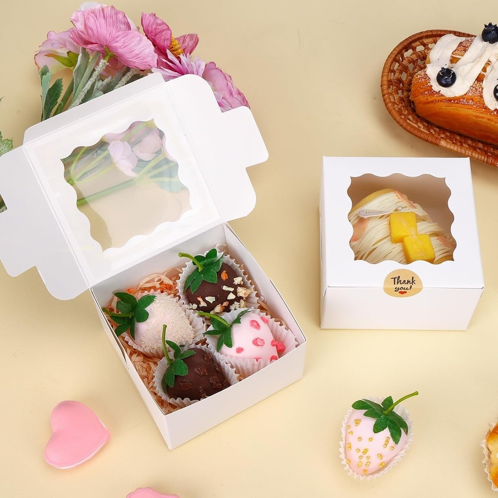 50pcs White Cookie Boxes with Window – 4x4x2.5” Elegant Bakery Gift Packaging