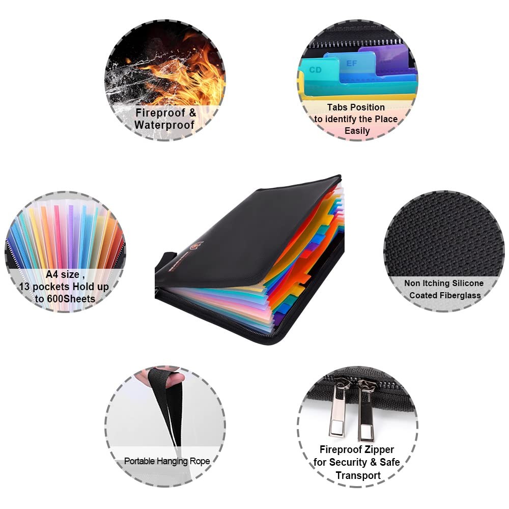 Fireproof Document Bag Fire Water Resistant A4 Size 12 Pockets Safe Holder