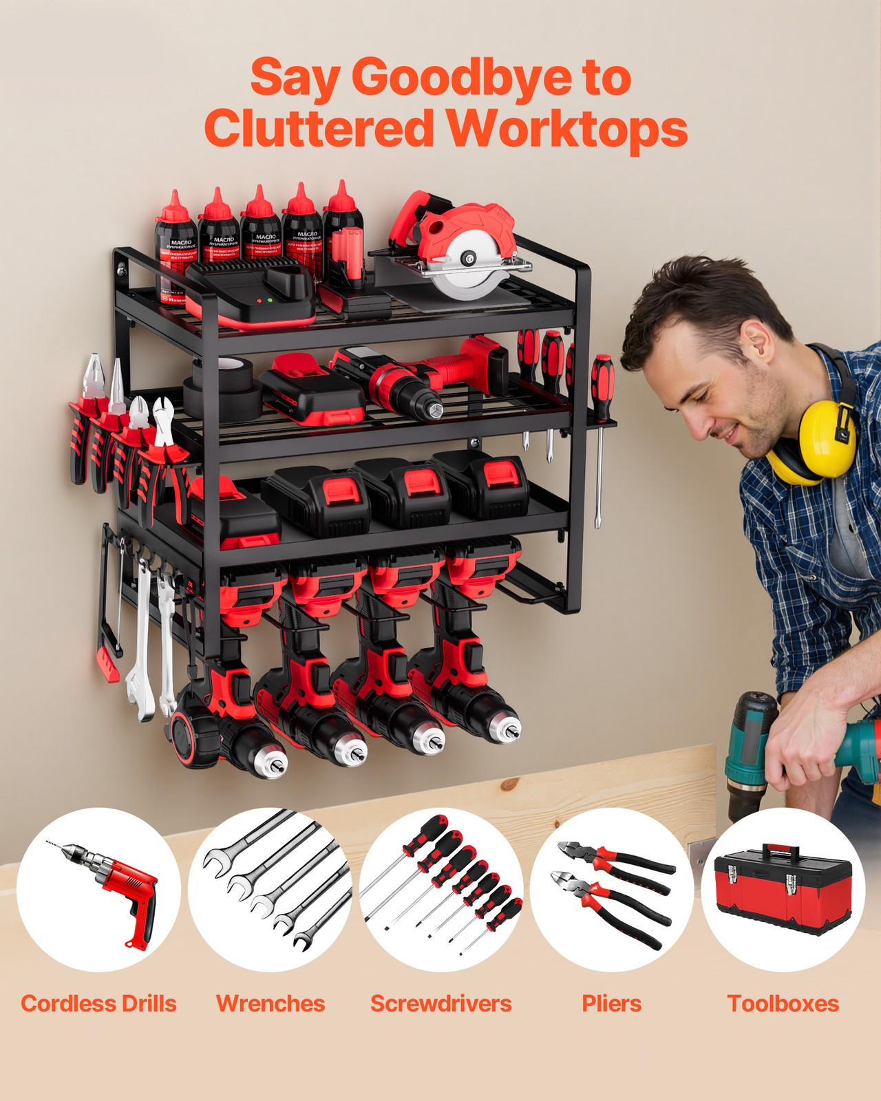 VEVOR Power Tool Organizer Wall Mount 4-Layer Drill Storage Rack 4 Drill Holders