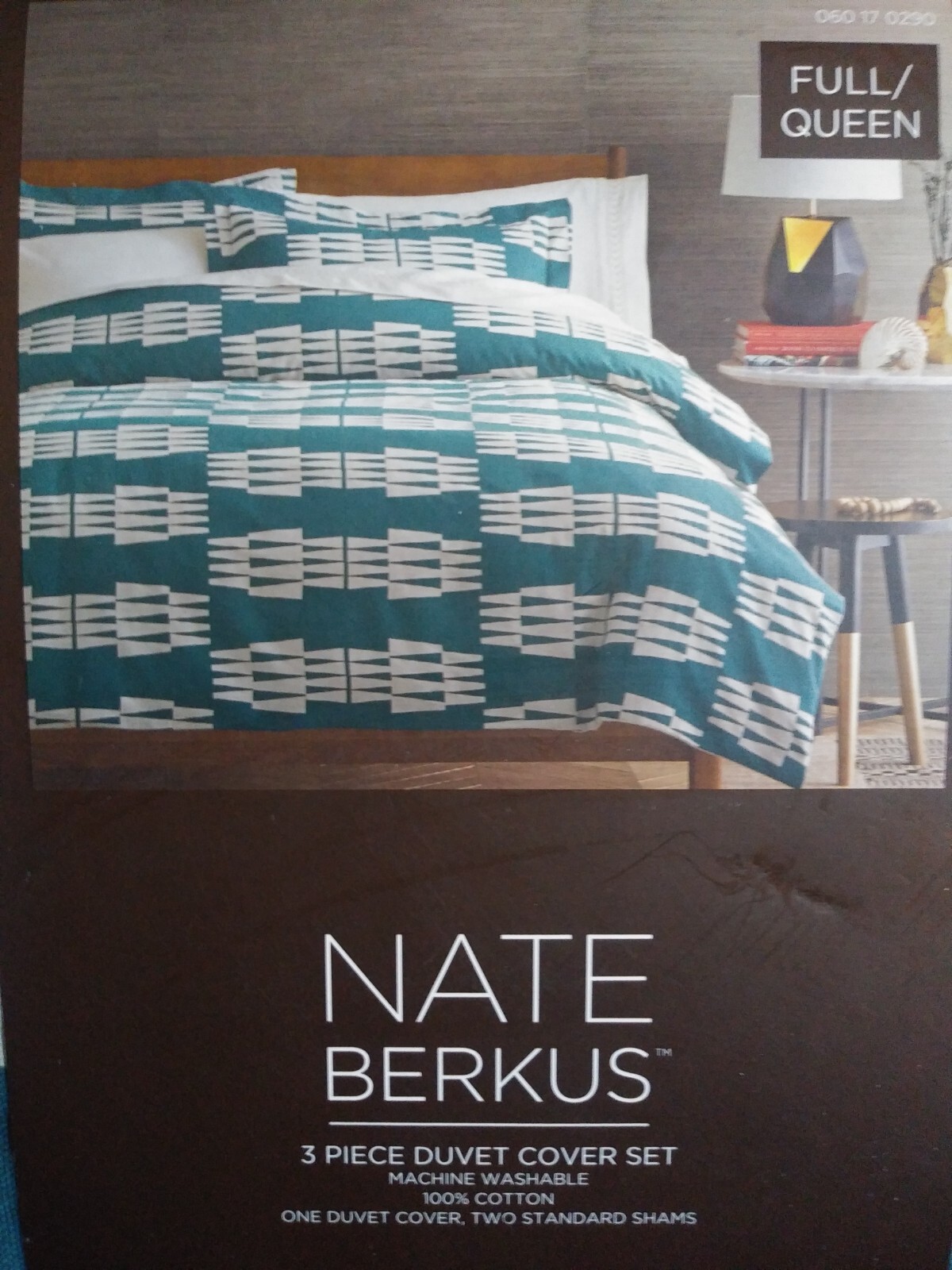 Brand New NATE BERKUS 3pc F/Q Duvet set Ogee Teal Ivory 100% COTTON