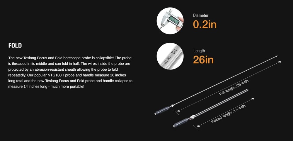 Teslong NTG200H Focus and Fold Borescope w/USB Connection, Silver, NTG200H