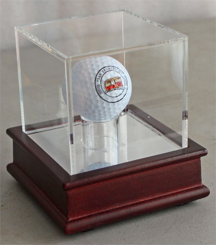 DisplayGifts™ Golf Ball Holder Cube on a Cherry color Plastic Stand