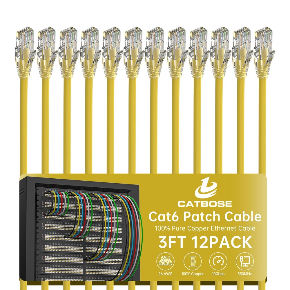 3 Feet Cat6 Patch Cables(12 Pack), Solid Pure Copper Cord, 3FT, Yellow