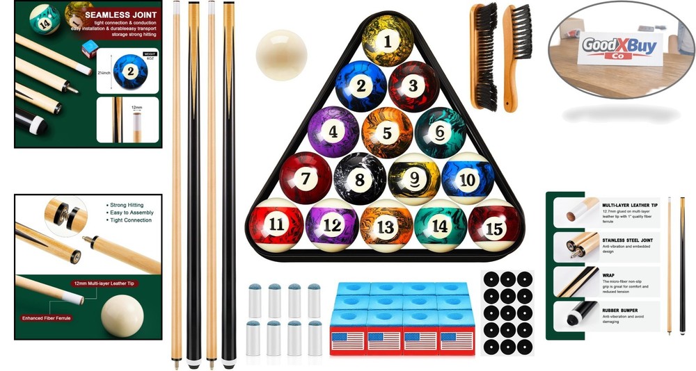 Pool Table Accessories Set with 71 Pieces for Billiard Games - Includes Balls...