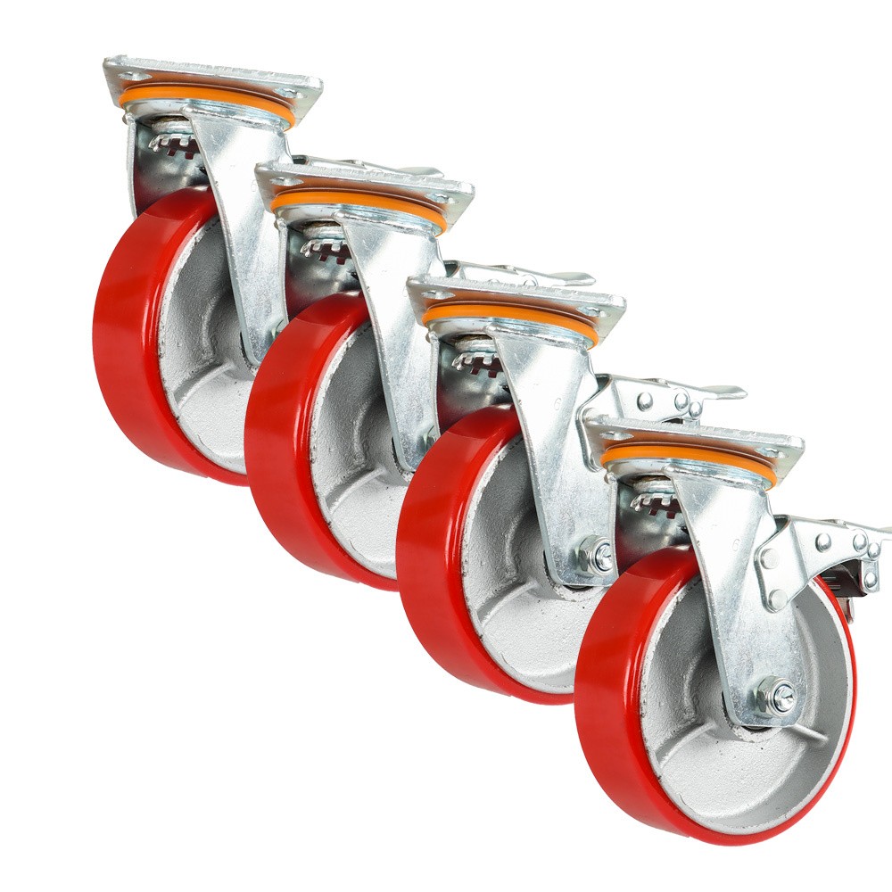 4 Pack 6 Inch Swivel Plate Total Lock Brake Heavy Duty Red Caster Wheels