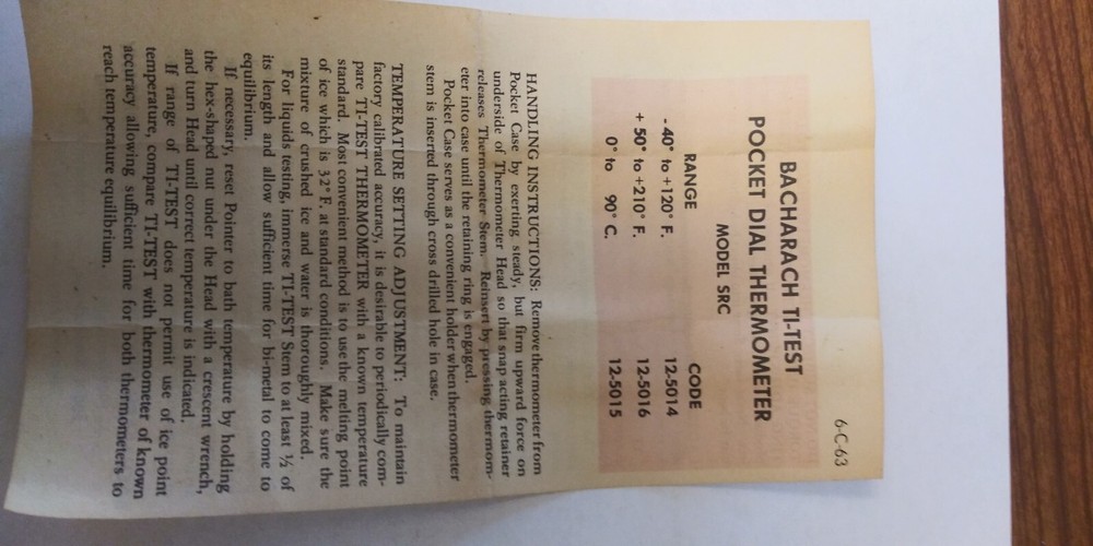 Bacharach pocket dial TI-Test Thermometer Gently Used, Model SRC