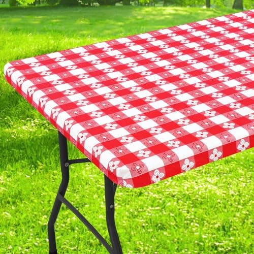 Rectangle Vinyl Table Cloth, Waterproof 72" x 30" (Rectangular) Red & White
