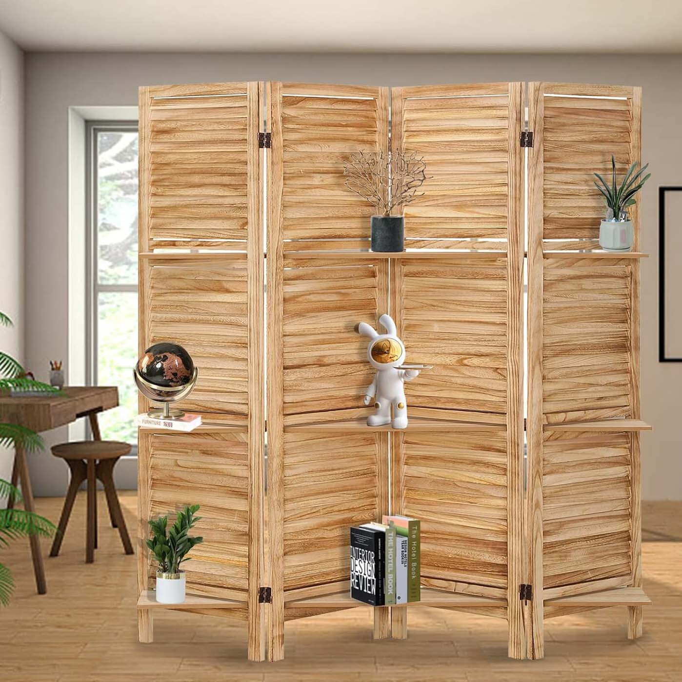 4 Panel Wood Room Divider Folding Screen Partition Freestanding with Shelves
