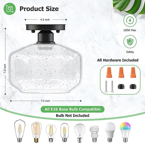 2-Pack Industrial Semi Flush Mount Ceiling Light, Black Light Seeded Glass