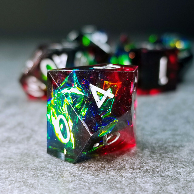 Sage's Enchanted Crystals Red/Green Sharp Edge Silver Ink Resin Dice Set