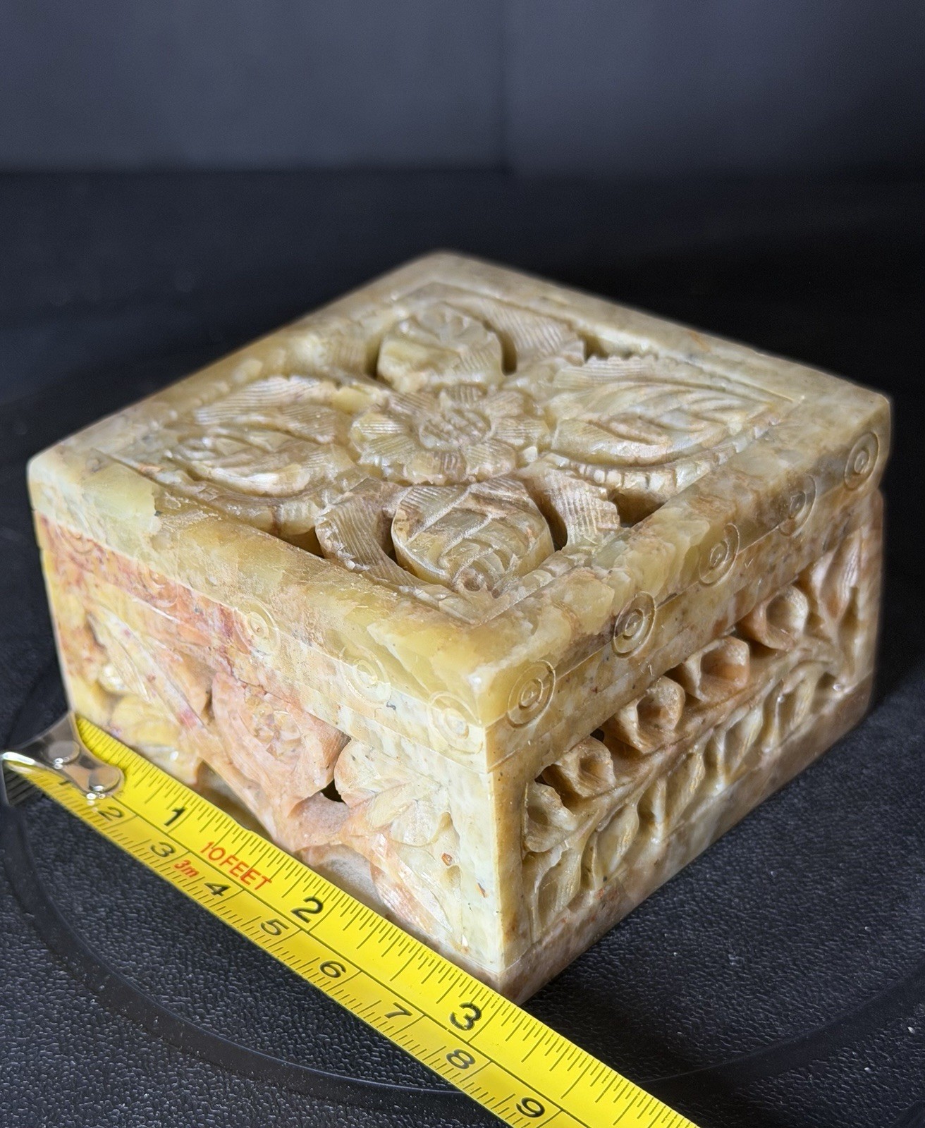 Vintage Intricate Hand Carved Soapstone Trinket/Marble Jewelry Box - 3”x 3”