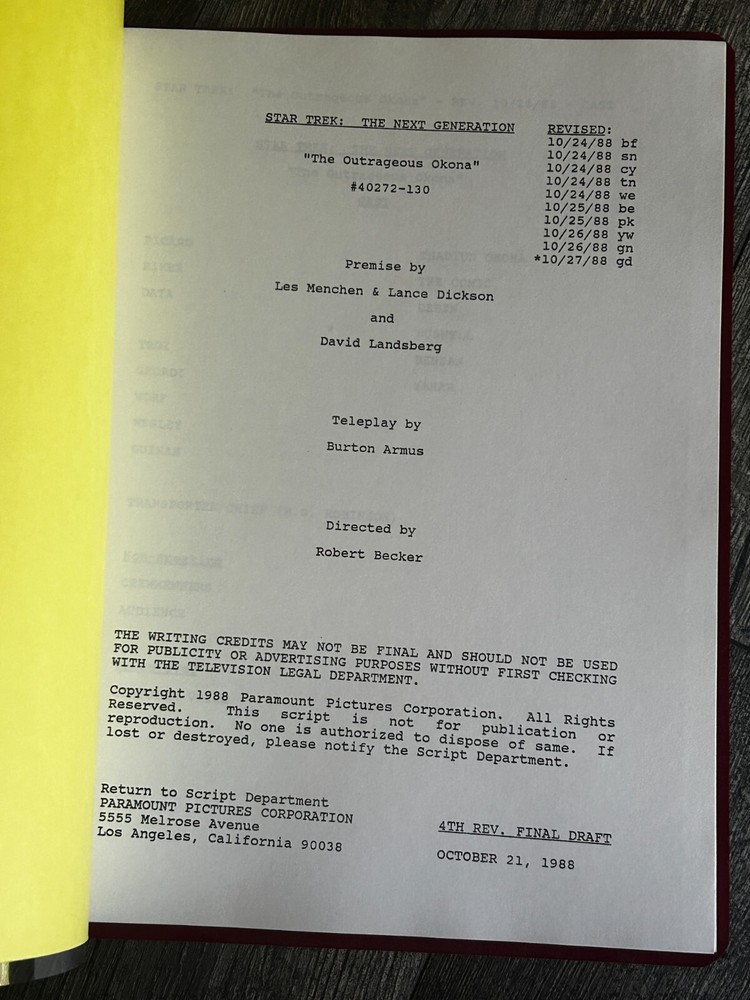 STAR TREK Script The Next Generation Outrageous Okona 4th Revision Final Draft