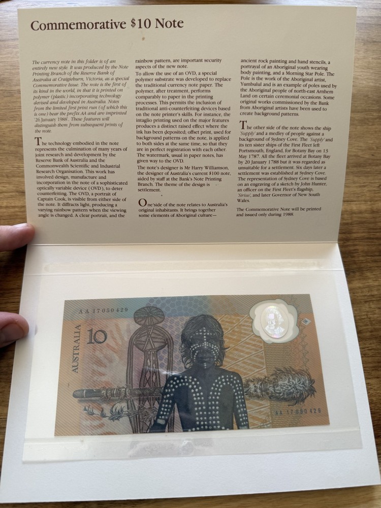 1988 First Polymer Commemorative $10 Note in Folder First Prefix AA Bicentennial