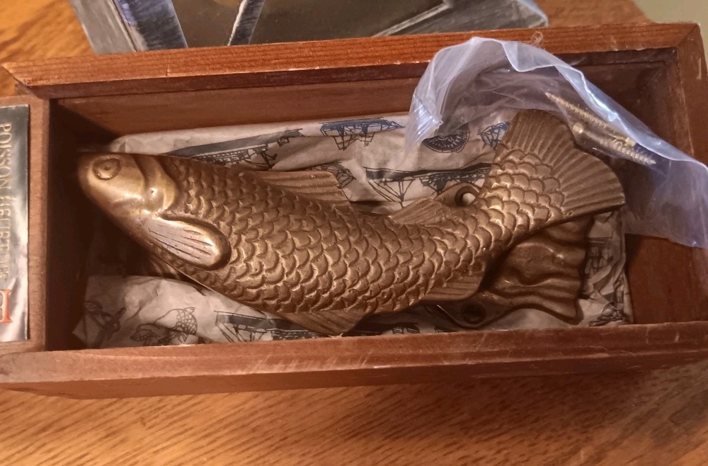 Antique Solid Brass Koi Trout Fish Door Knocker Authentic Materials W/ Box