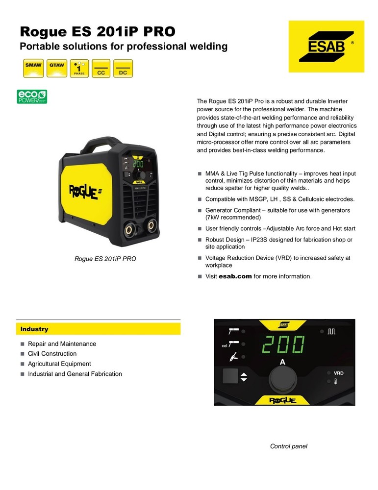 Esab Rogue Es 201ip Pro durable power source 230/115.