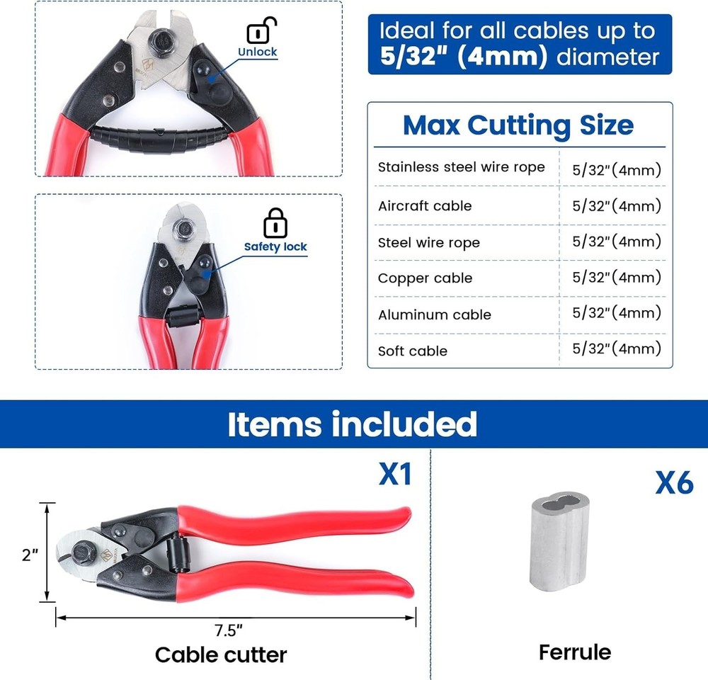 Compact Cable Cutter with Safety Lock & 6 Ferrules – Ideal for Home Projects