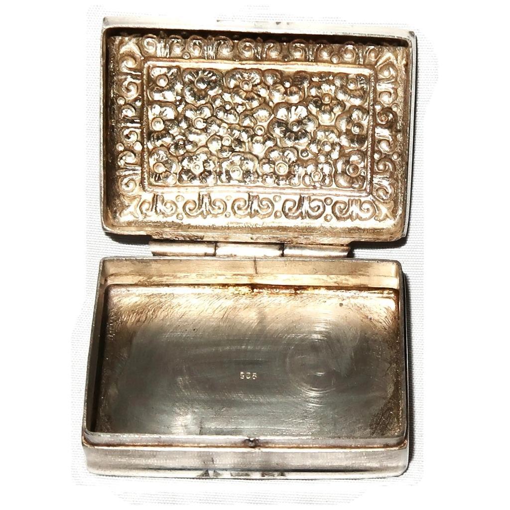 Sterling Silver Pill or Trinket Box Floral Repousse, 1 1/8" x 1 1/2" x 1/2" Tall