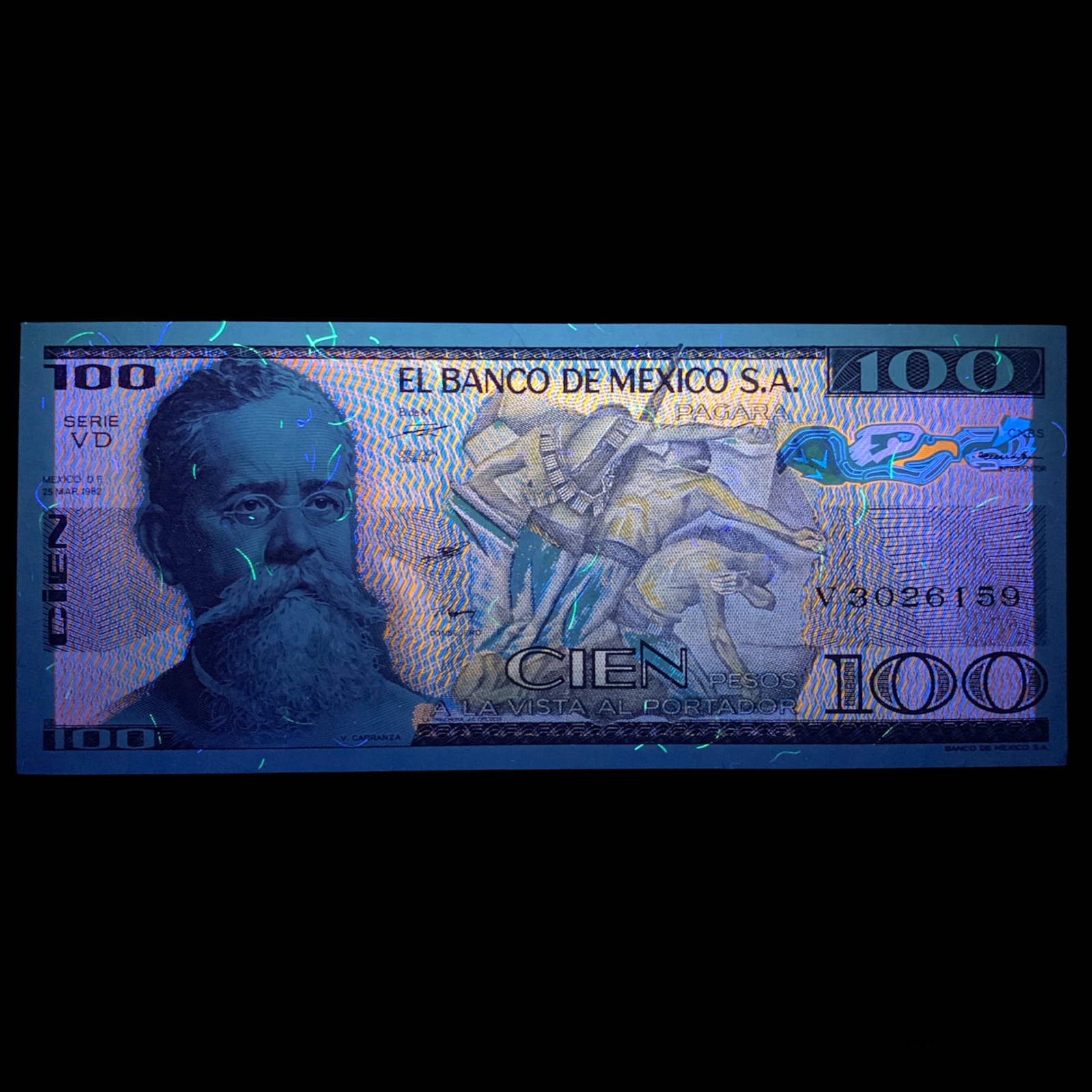 Mexican 100 Pesos Banknote. Mexico 1982 Revolution UNC Colorful Currency. UV Art