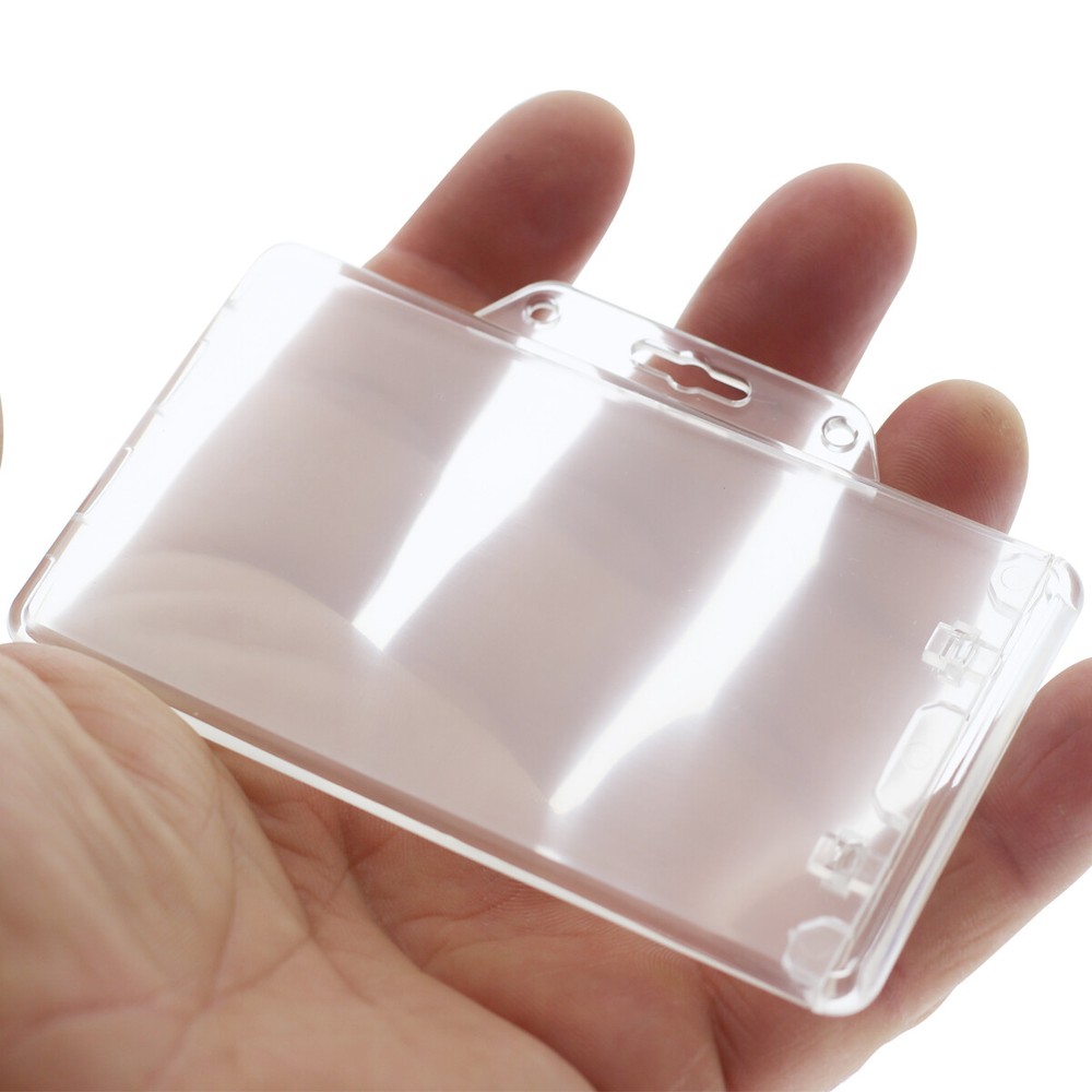 100 Clear Horizontal Permanent Locking ID Card Badge Holders Hard Rigid Plastic