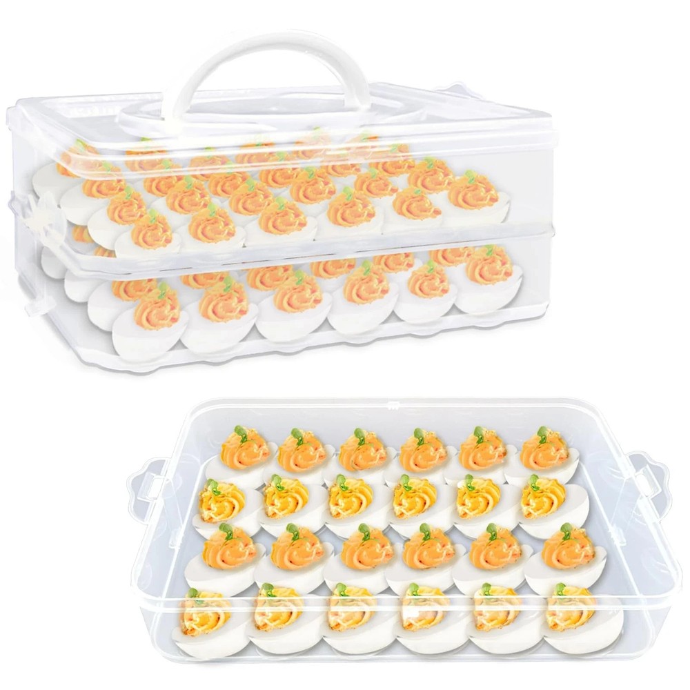 2-Layer Deviled Egg Carrier with Lid,Deviled Egg Trays with Handle,Stack Port...