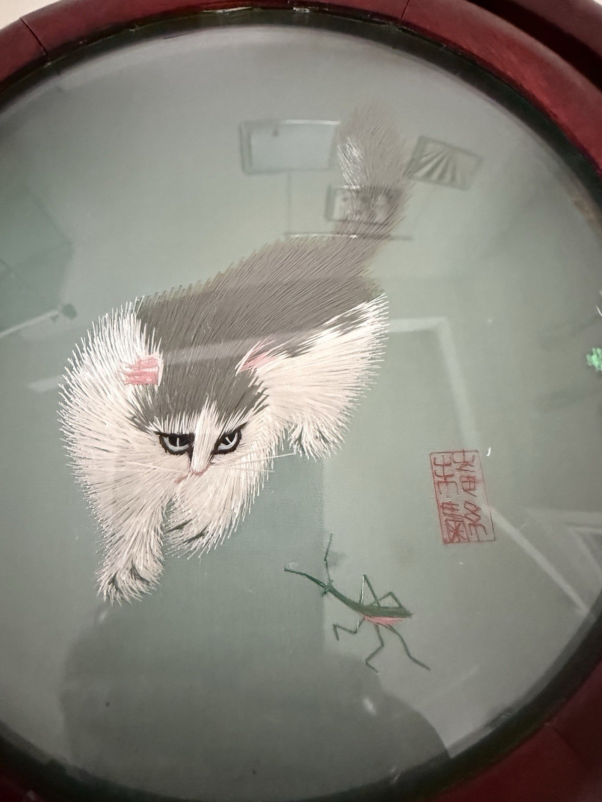 VTG Asian Cat & Mantis Double Sided Silk Embroidery Screen Rotating Wood Frame