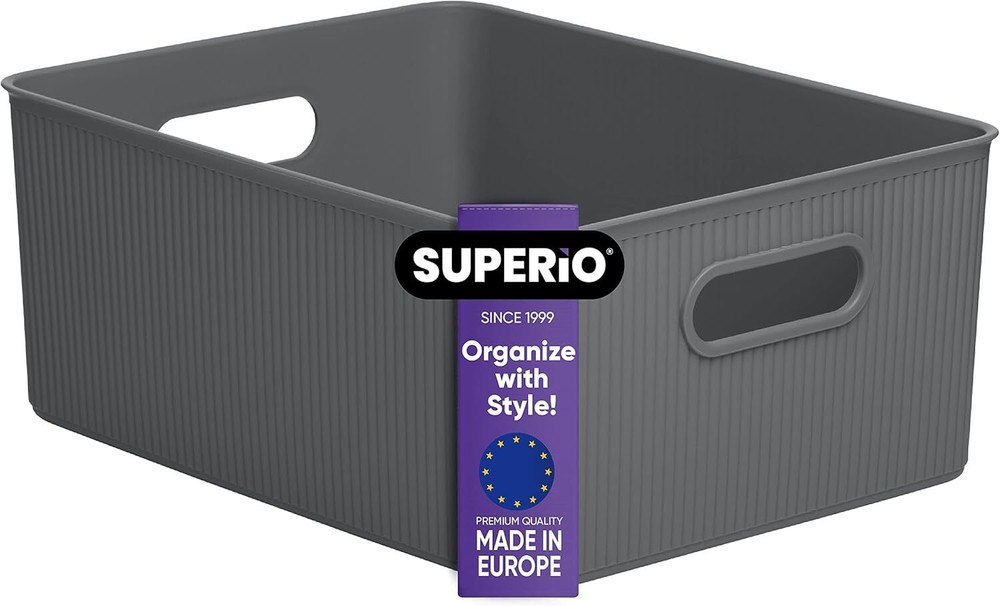 Medium Decorative Storage Bin 15 Liter, Grey Plastic Storage Basket