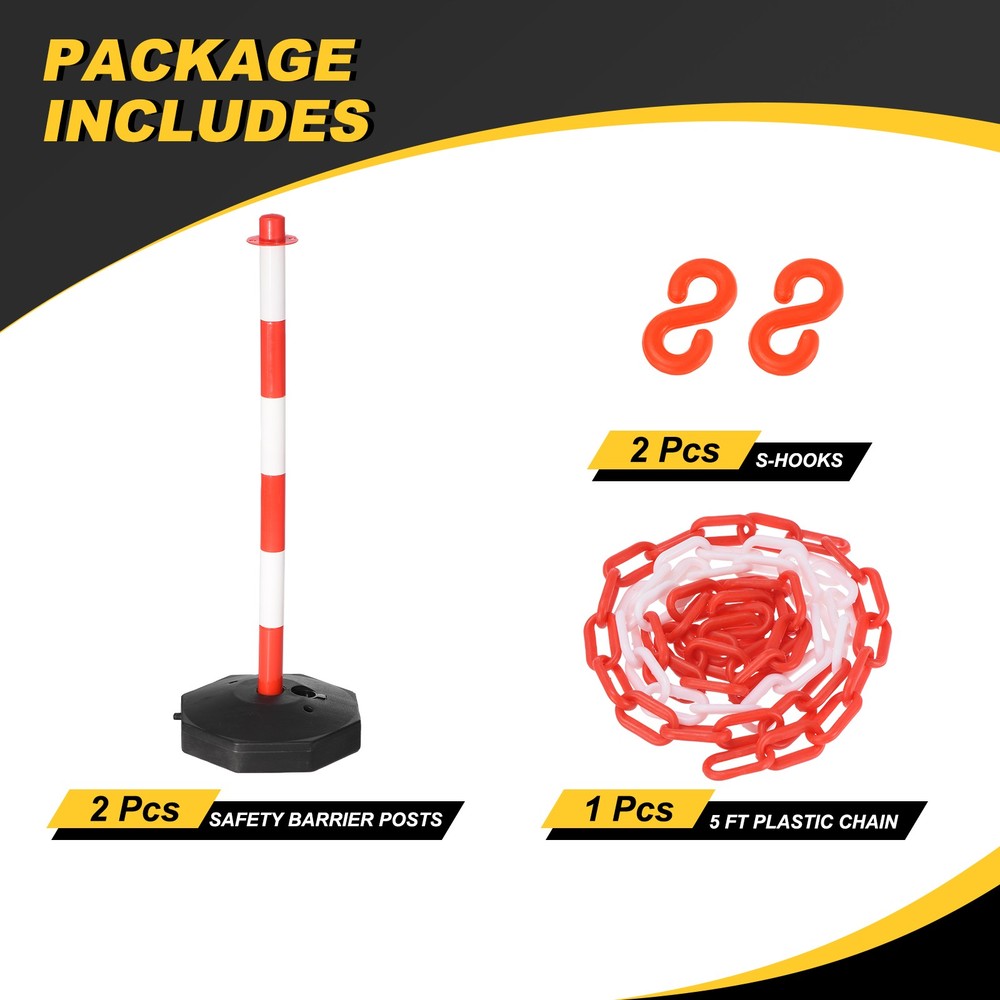 2Pcs Traffic Delineator Post Fillable Base 5ft Plastic Chain Red/White