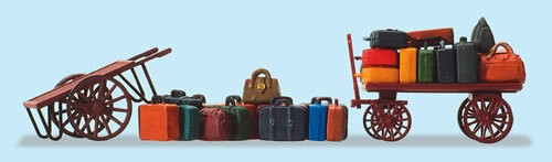 Preiser 17705 HO Scale 2 Carts w/15 Pieces Assorted Luggage