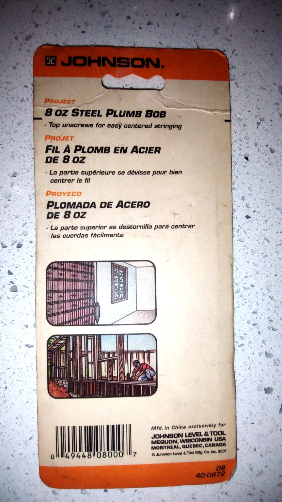 JOHNSON LEVEL & TOOL 8oz STEEL PLUMB BOB 08 40-0672 NEW