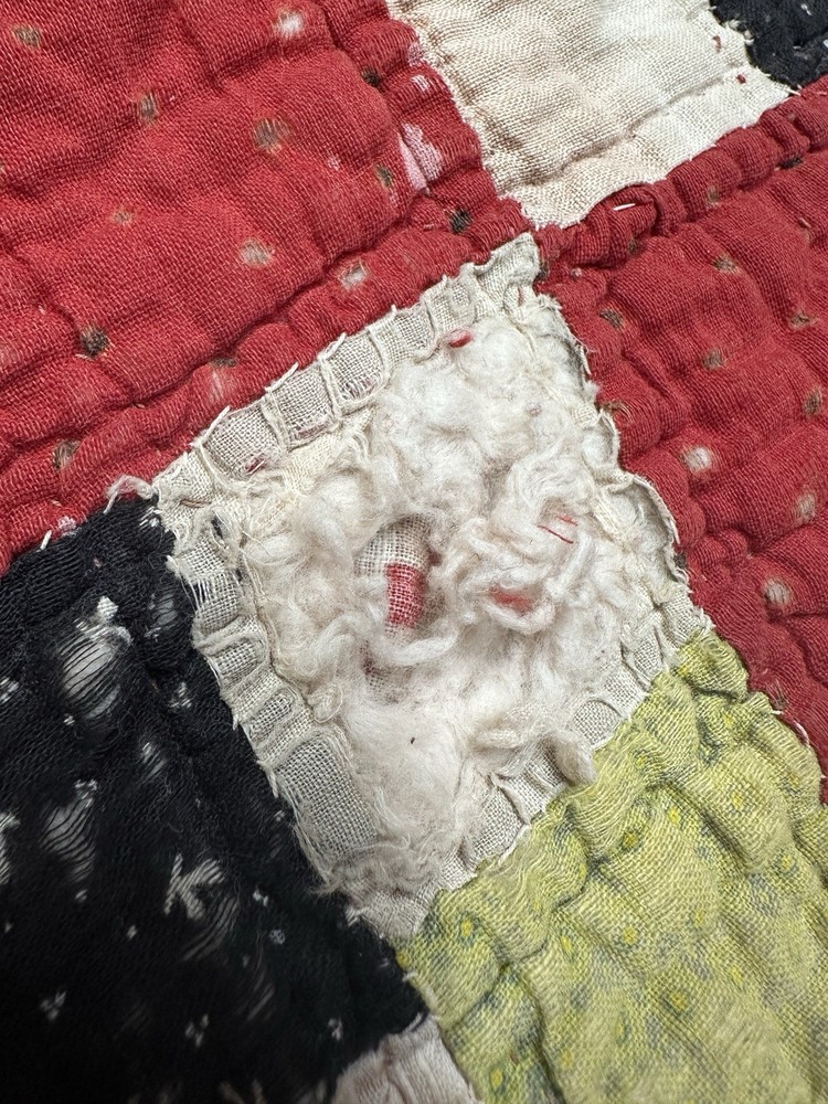 Vtg Nine Patch on Point Quilt Hand Sewn Red Feedsack Patchwork Distressed *Read