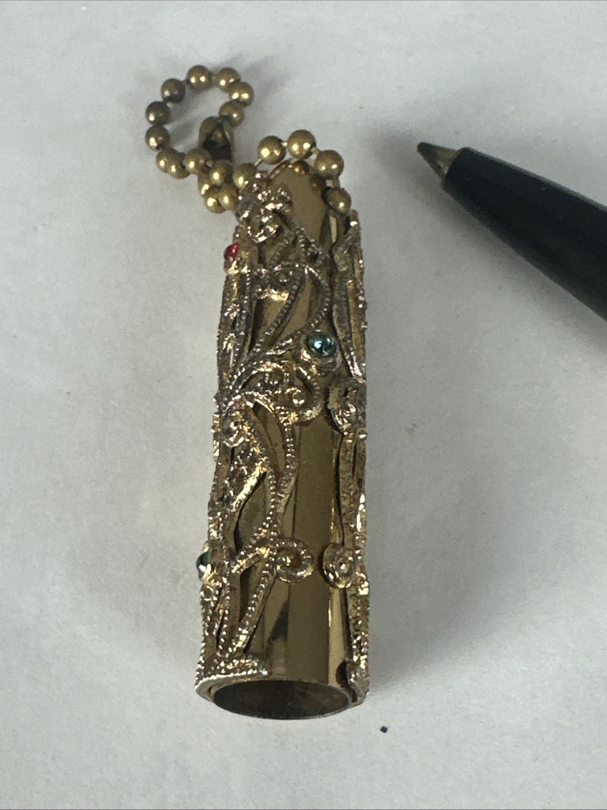 Antique Art Nouveau Ornate Gold Tone Filigree Chatelaine Pen Jeweled Case