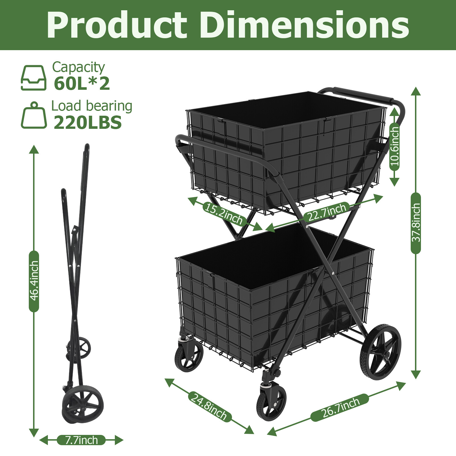 2-Tier Shopping Cart Foldable Grocery Cart Wheels Removable Storage Basket