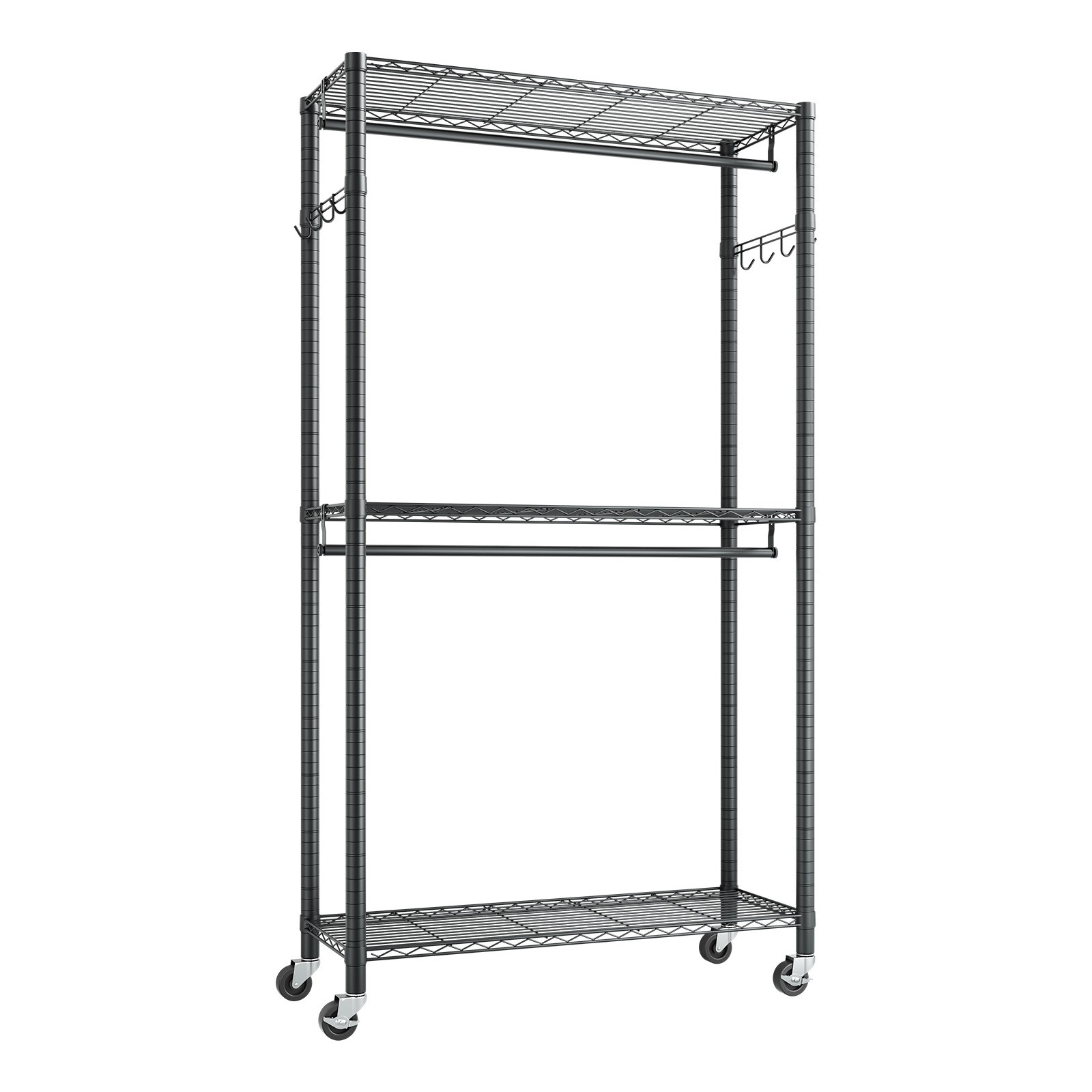 Uimoso Adjustable 3-Tier Rolling Garment Rack for Clothing Storage, Black