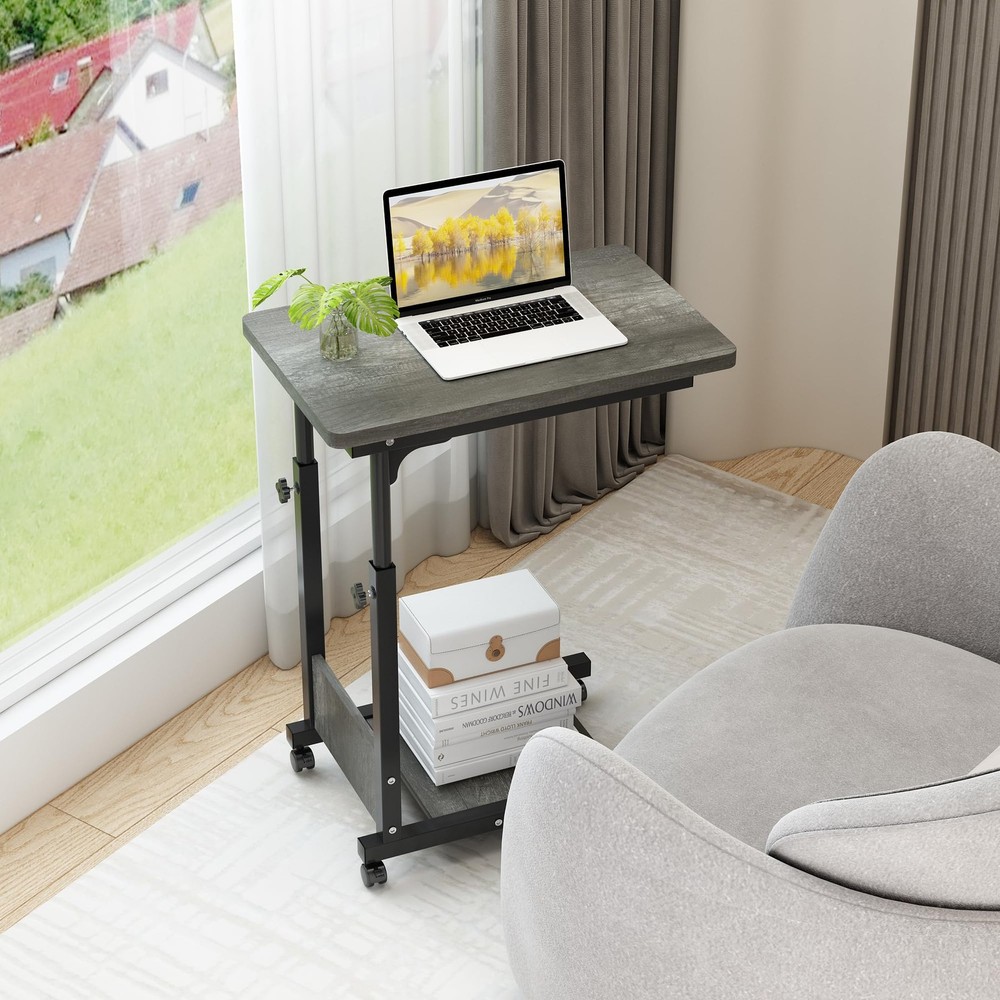 Adjustable Height C Table Sofa Side Bedside Table with Wheels, Hospital Bed T...