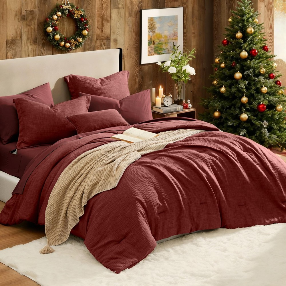 King Comforter Set - 7 Pieces Soft Solid Bedding, Dark Red Bed in a Bag