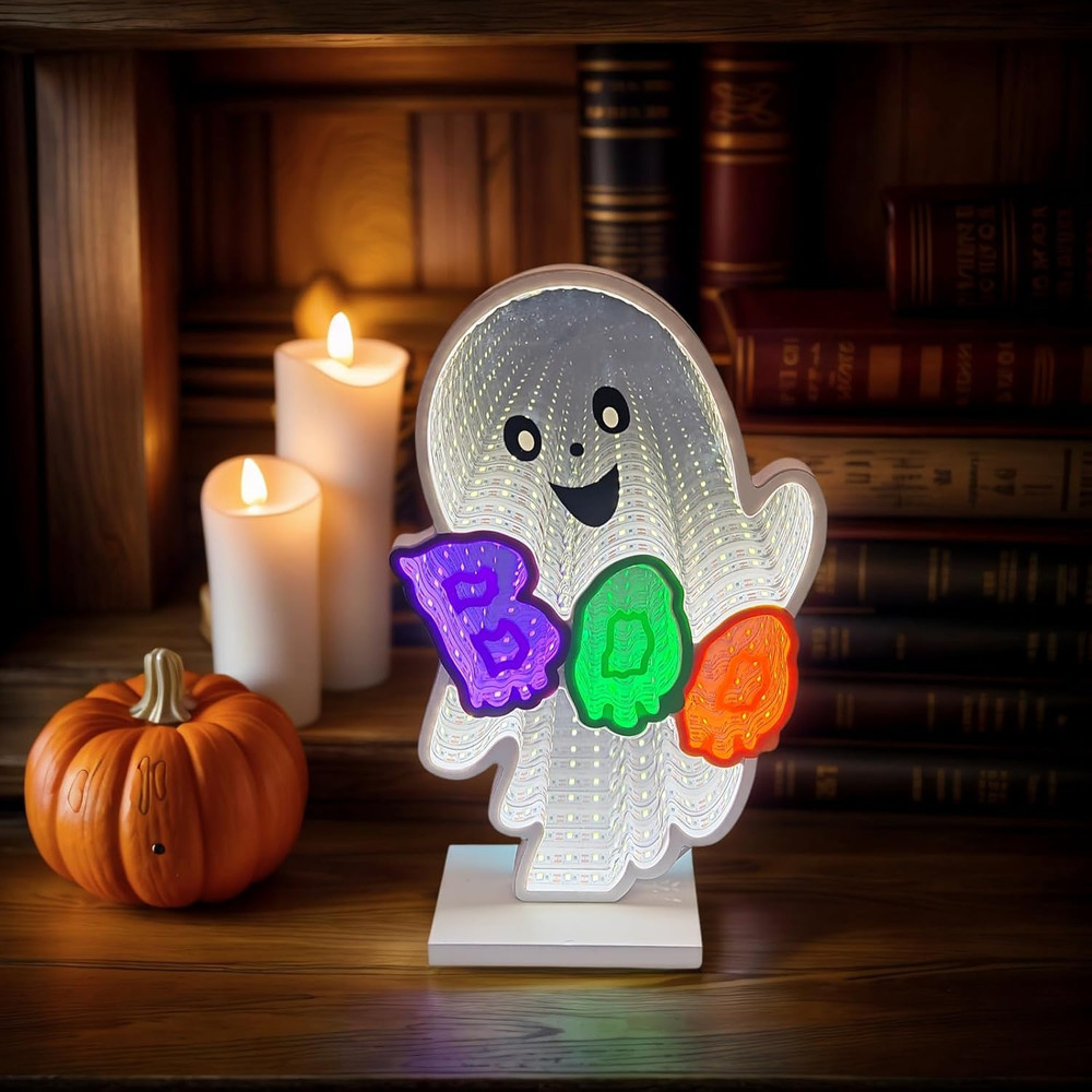 Halloween Neon Infinity Ghost Light,10.24Inch 3D Ghost Table Decor,Usb Powered L