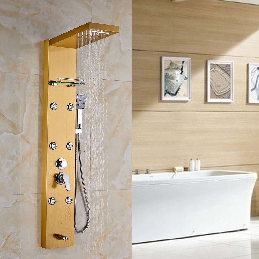 Gold Shower Panel Rainfall Column Massage Jets Handheld Sprayer Mixer Vanity Tap