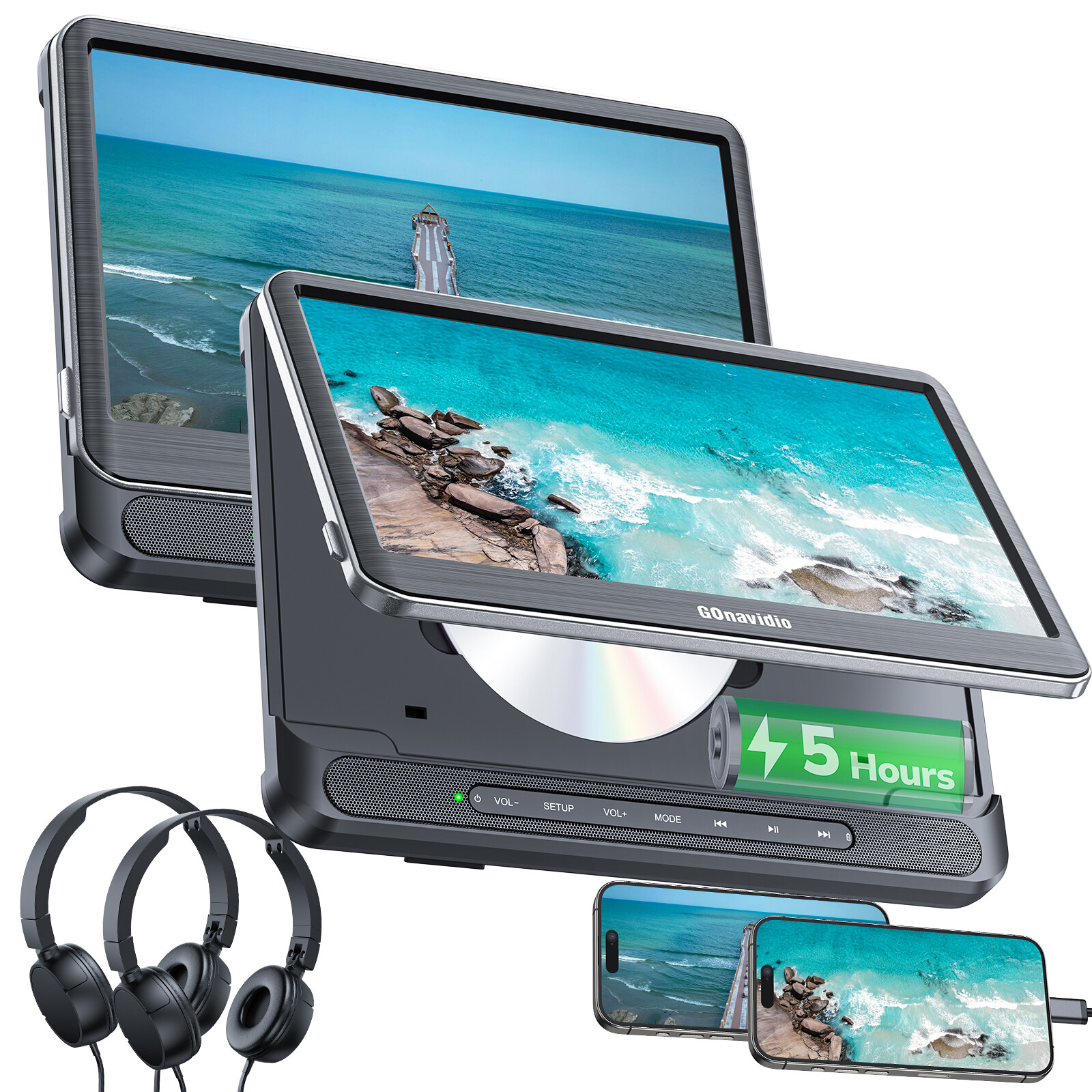 2 x 12 Inch Full HD Car Headrest Monitor TV DVD Media Player USB SD W/ Headsets[